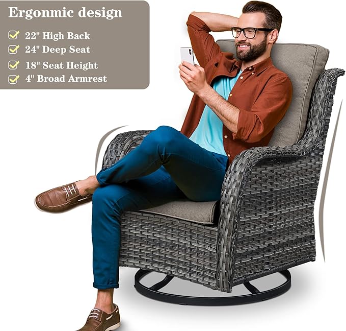 Outdoor Wicker Furniture Patio Set - 7 Piece Backyard Furniture Grey Rattan Conversation Sets with Swivel Rocker Chairs, Rattan Sofa, Club Chairs and Coffee Table, Grey Cushion