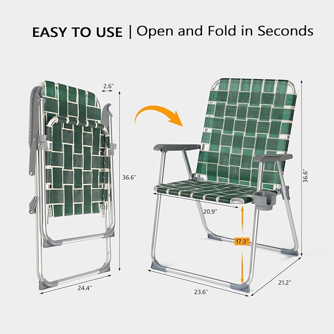 VINGLI Folding Webbed Oversized Lawn Chairs with Detachable Cup Holder, 300 LBS High Beach Chair for Adults Heavy Duty, Portable Aluminum Patio Chair for Yard, Garden, 2 Pack,Dark Green