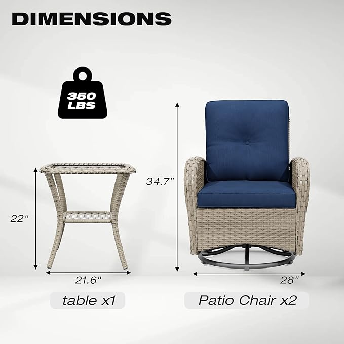 Joyside Outdoor Swivel Rocker Chairs, 3 Piece Wicker Patio Set with Thick Cushion and Side Table, Rattan Patio Swivel Rocking Chairs for Porch, Deck Use (Natural/Blue, 3 PCS)