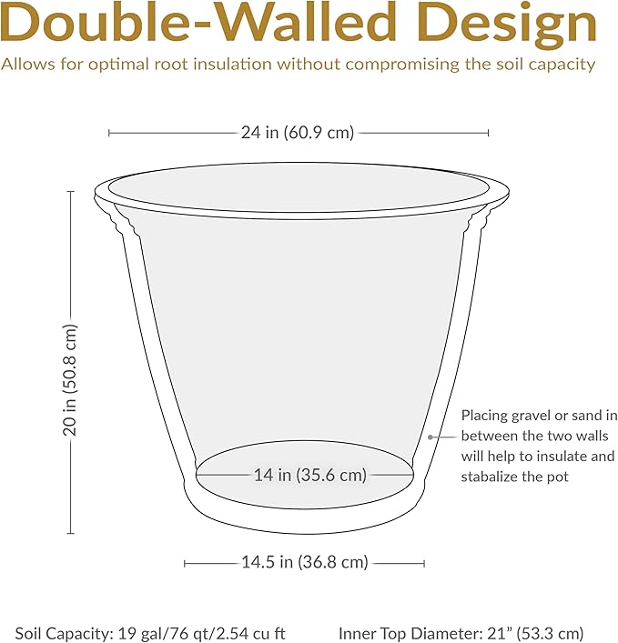 Sunnydaze 24-Inch Anjelica Large Plastic Pot for Plants - Outdoor Polyresin Round Planter with Drillable Drainage Holes - Sable