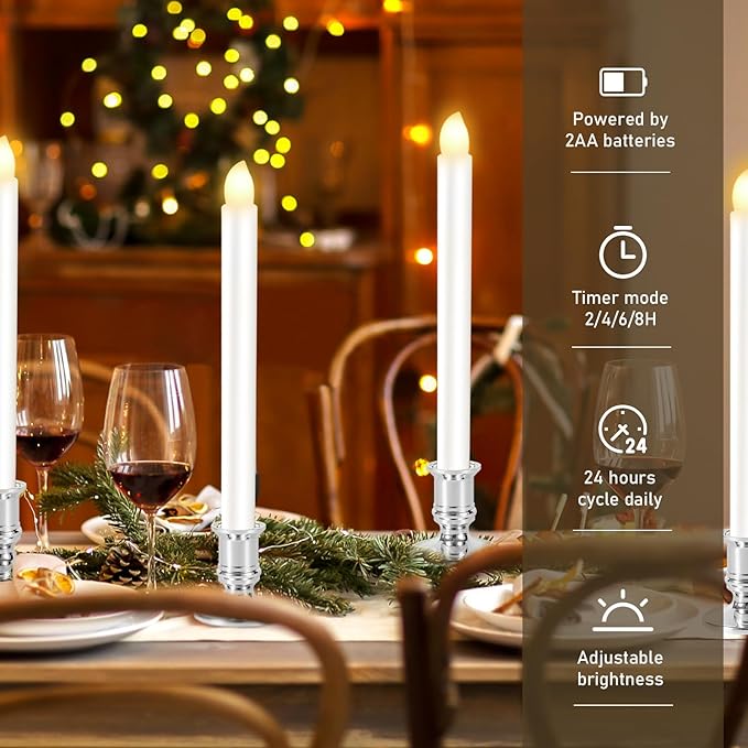 8 Pack Christmas Window Candles, Battery Operated with Timer Remote, LED with Candle Holders Suction Cups, Flickering for Christmas Decorations, Silver