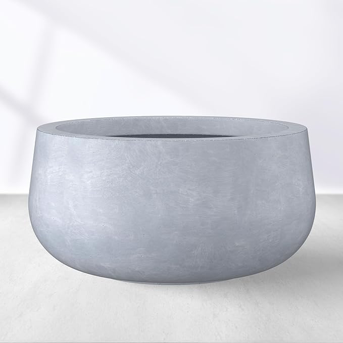 Kante 15.7" Dia Round Concrete Planter, Cement Plant Pots with Drainage Hole and Rubber Plug for Outdoor Indoor Garden Home, Modern Curvaceous Design, Gray
