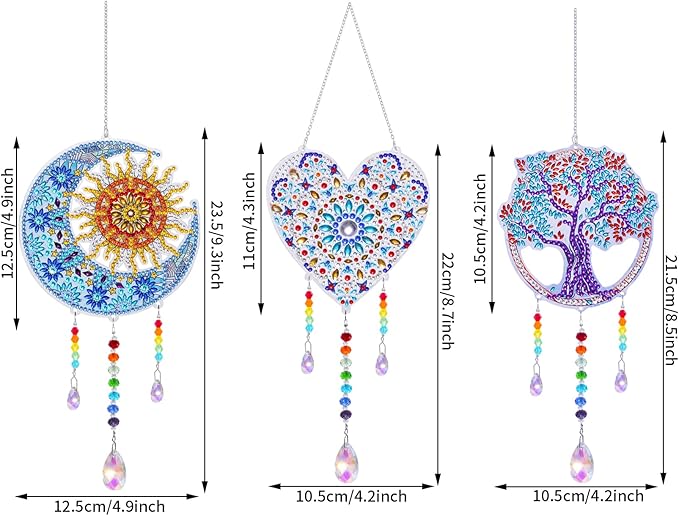 3 Pack Diamond and Painting Suncatcher Window Hanging Ornament Crystal Window Garden Decor DIY Kits for Beginners Adult Kids -Tree, Moon, Heart