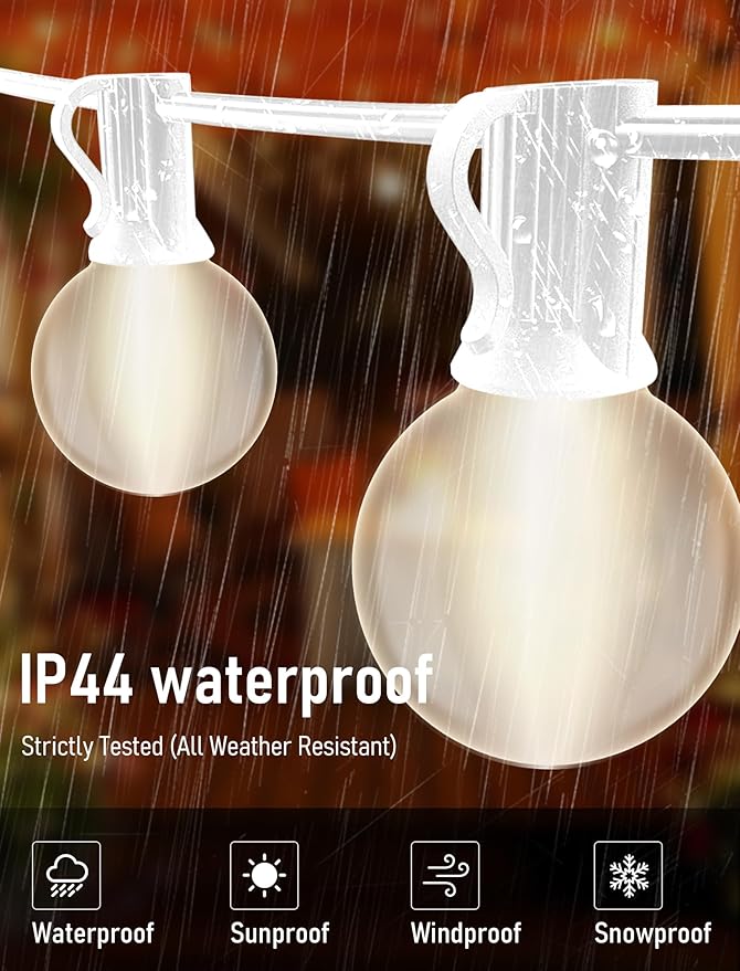 25FT Frosted White Lights G40 Globe Outdoor String Lights Patio Lights with 25 Frosted White Globe Bulbs - White Wire