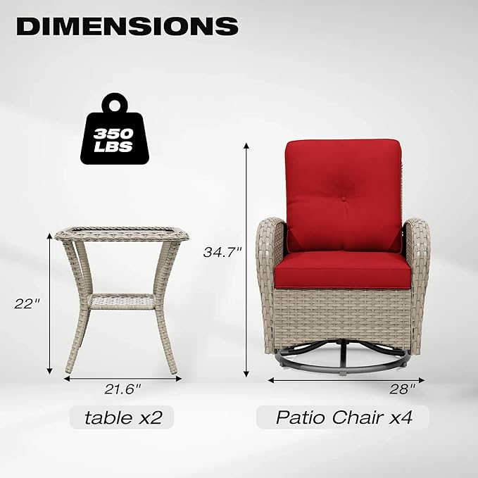 Joyside Outdoor Swivel Rocker Chairs, 6 Piece Wicker Patio Set with Thick Cushion and Side Table, Rattan Patio Swivel Rocking Chairs for Porch, Deck Use (Natural/Red, 6 PCS)