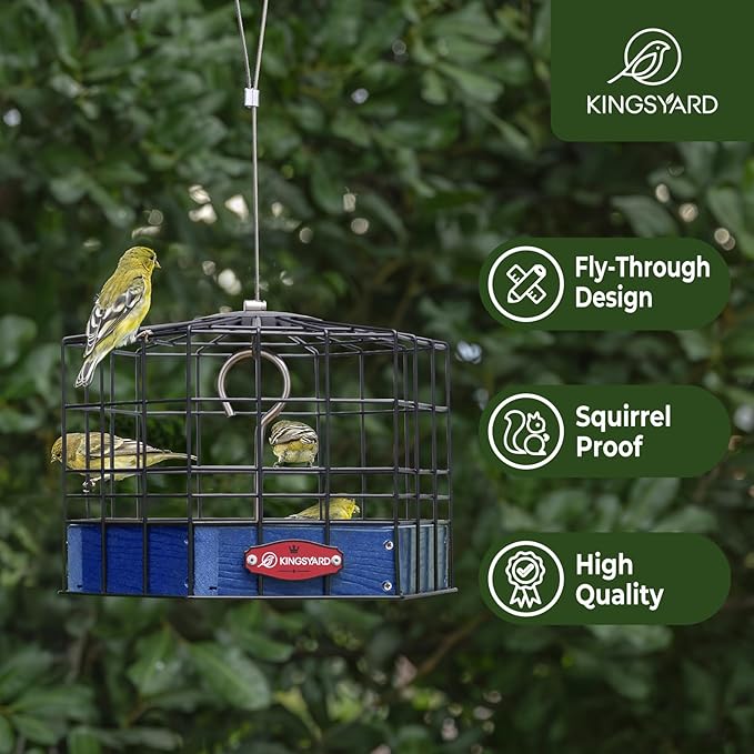 Kingsyard Squirrel Proof Platform Bird Feeder for Outdoor Hanging, Caged Bird Feeder for Bluebird Mealworm, Recycled Plastic Feeding Platform with Metal Mesh Tray, Special for Small Birds, Blue