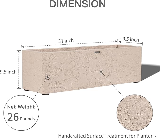 31 Inch Rectangular Concrete Planter,Durable All-Weather Use with Drainage Holes,Large Rectangular Planter for Outdoor Indoor Plants