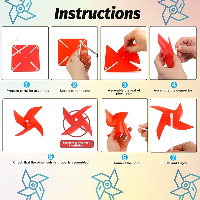 KIMOBER 100PCS Colourful Pinwheels,Mixed Colors Plastic Wind Spinners Toy for Kids,4 Vane Windmill for Home Garden Lawn Indoor Outside Decoration