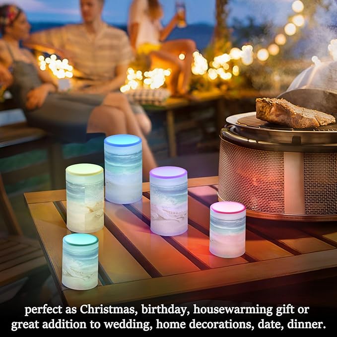 Flickering Flameless Candles, Shells Summer Sandy Beach LED Candles with Remote Timer, Set of 2 Battery Operated Candle for Valentine Wedding Birthday