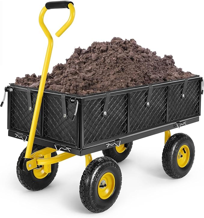 Homdox MAX 880 Lbs Garden Cart, Heavy Duty Foldable Mesh Steel Garden Wagon with 180° Rotating Handle and 10 Inch Tires, Pullable Yard Cart for Yard Garden Beach Farm, Yellow with Bag