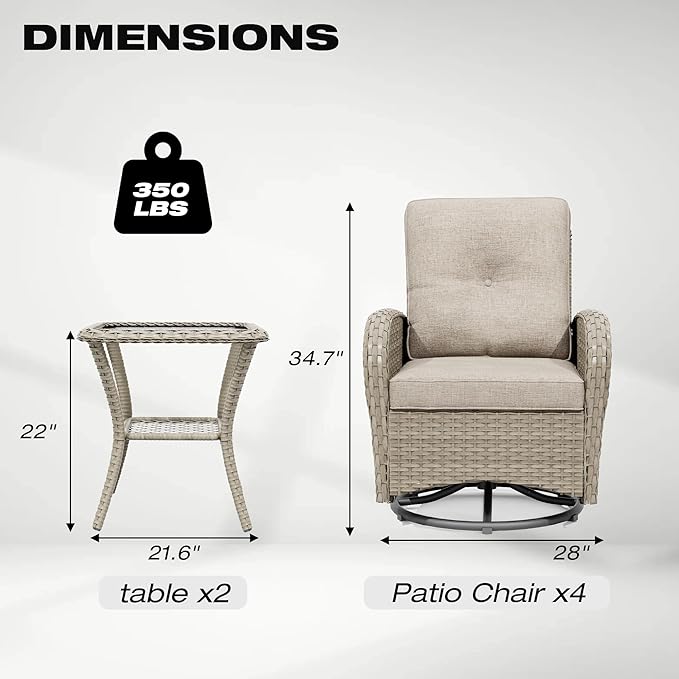 Joyside Outdoor Swivel Rocker Chairs, 6 Piece Wicker Patio Set with Thick Cushion and Side Table, Rattan Patio Swivel Rocking Chairs for Porch, Deck Use (Natural/Beige, 6 PCS)