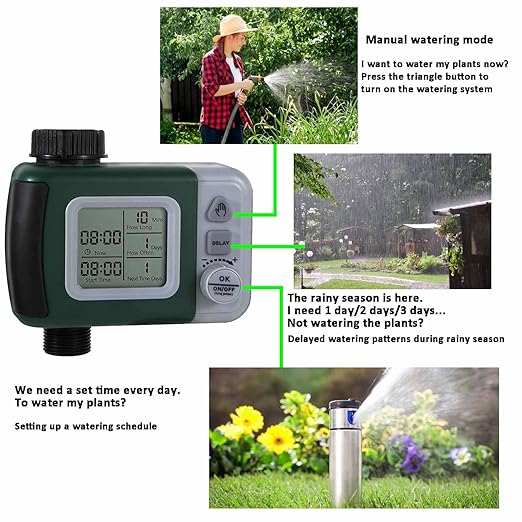 64FT Drip Irrigation Kit with Garden Timer Plant Watering System with Tubing Gushing Nozzles and Water Timer, Quick Connector Kits Easy to Assemble