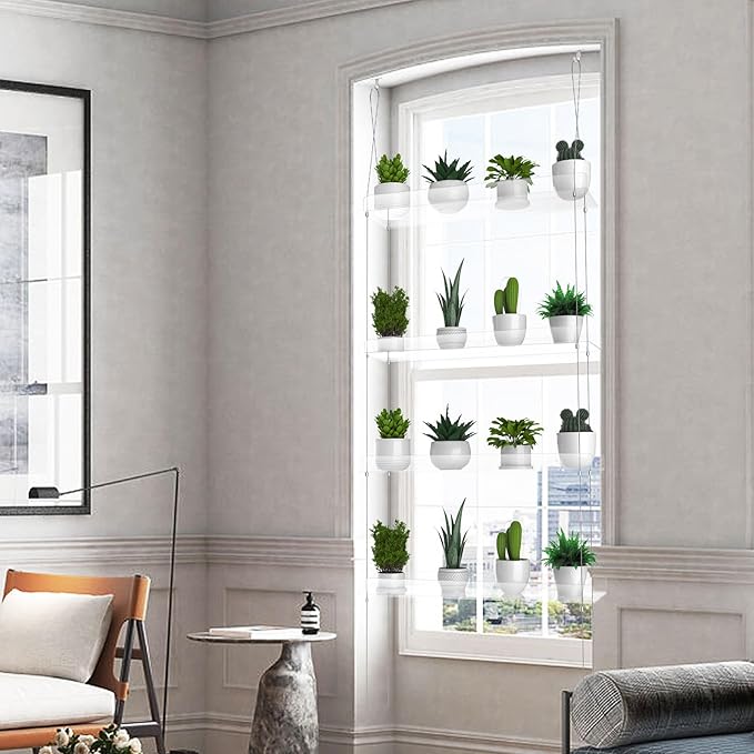 4-Tier Hanging Clear Plant Shelves for Windows, Acrylic Window Wall Plant Stand Shelf for Kitchen Indoor Gardens, Flower, Succulents, Herb, Seedling Organization, and Pots Display, 16 Inch per Tier