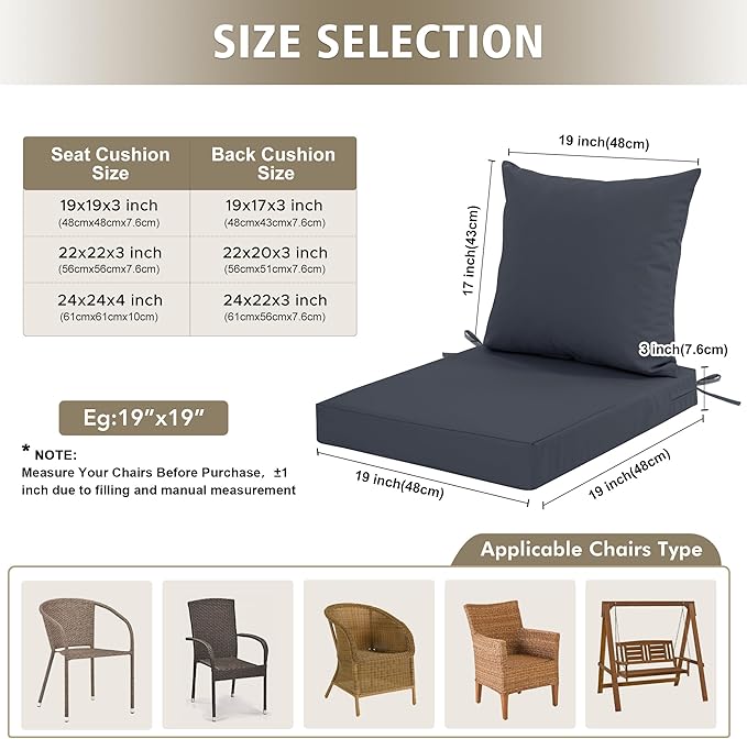 24x24 Inch Outdoor Cushions for Patio Furniture, Waterproof Outdoor Chair Cushions w/Fade-Resistant, Removable & Machine-Washable Covers, Deep Seat Sofa/Couch Pads Replacement, Dark Grey