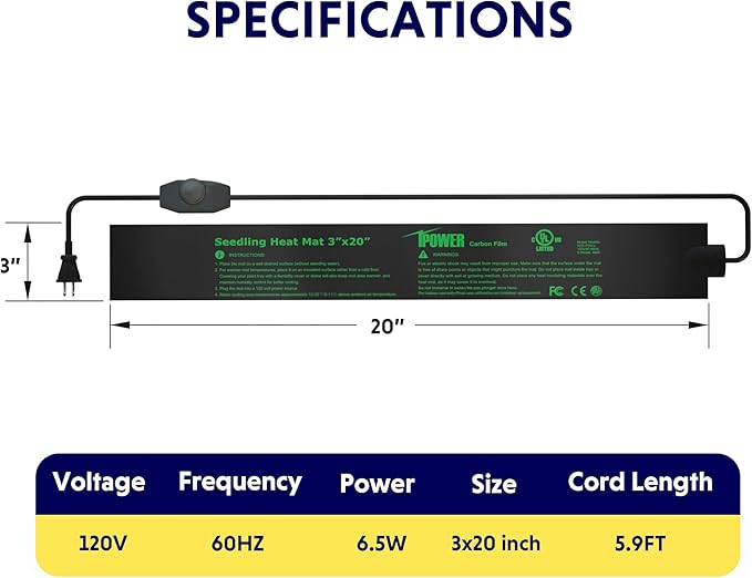 iPower 3" x 20" Seeding Heat Mat with Temperature Adjustable Knob and Thermometer, Durable Warm Hydroponic Plant Germination Starting Pad