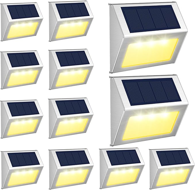 JSOT 12 Pack Solar Lights Outdoor Waterproof for Stairs Decor, Solar Deck Lights Stainless Steel Step Fence Patio Post Wall Lamp for Garden Pathway Walkway LED Lamp Light [Warm Light]