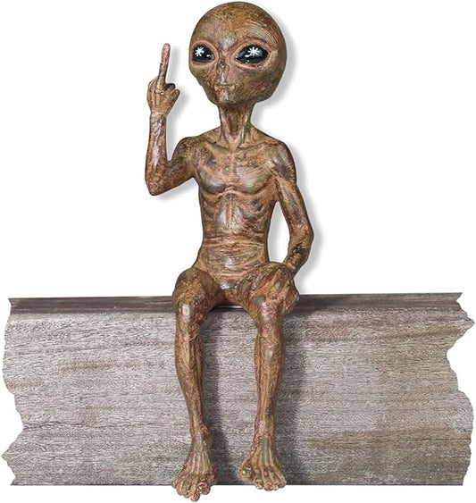 John Bernard & Company Rude Alien Statue “Flipping The Bird” 10″ H Shelf Sitter Extraterrestrial Figurine Funny Home or Garden Decoration (Starlight Bronze)…