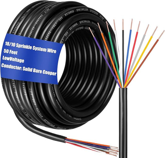 Hoolerry Solid Sprinkler System Wire 18 Gauge Irrigation Wire with UV Resistant PVC Jacket Sprinkler Cable for Underground Irrigation Field Central Control System 30v Ul Listed(18/10, 50 Ft)