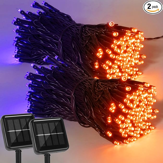 2 Pack 400 LED Solar String Lights, 8 Modes Solar String Lights for Outside, Waterproof and Solar Powered Outdoor String Lights for Holiday Christmas Yard Garden Tree Wedding Party (Orange Purple)