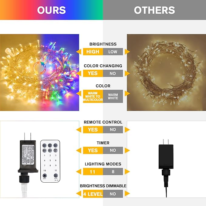 JMEXSUSS 33ft 100 LED Color Changing String Lights Plug in, Warm White & Multicolor Christmas Tree Lights Indoor, Christmas String Lights Outdoor Waterproof for Xmas Indoor Decor