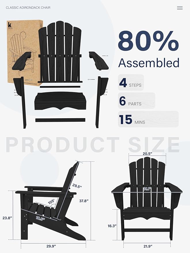 KINGYES HDPE Adirondack Chair, Classic All-Weather Adirondack Chair Set of 6, Black