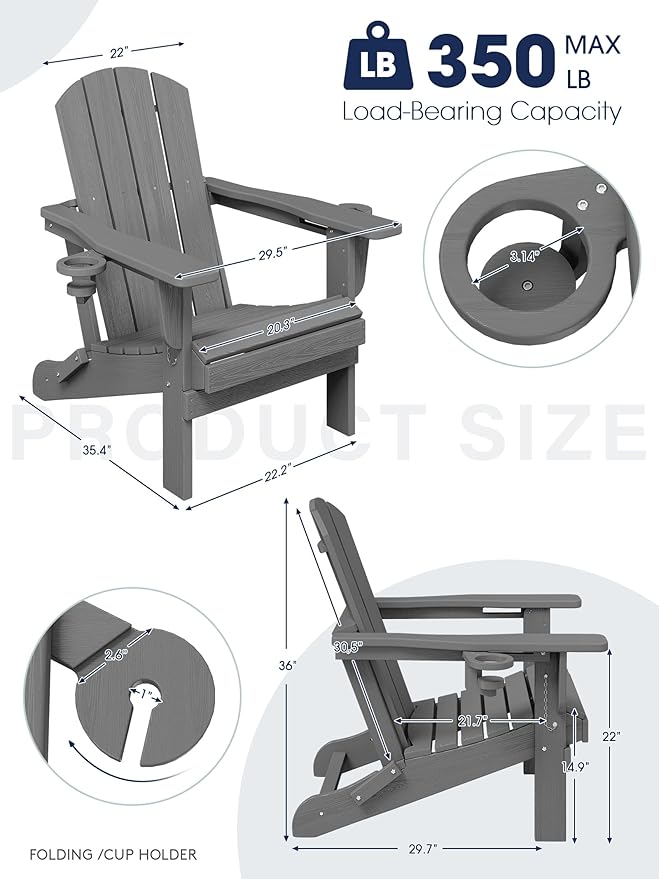 KINGYES Folding Adirondack Chair Set of 2, Dual Cup Holders & All-Weather HDPE, Wood-Like Patio Chair for Backyard, Camping, Pool & Fire Pit, Grey