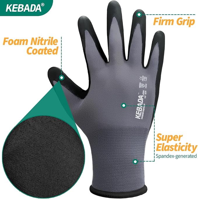 Kebada Work Gloves for Men and Women, Foam Nitrile Coated Safety Gloves with Grip, Ideal for Warehouse Package Handling, Gardening, Mechanic and Construction, XL