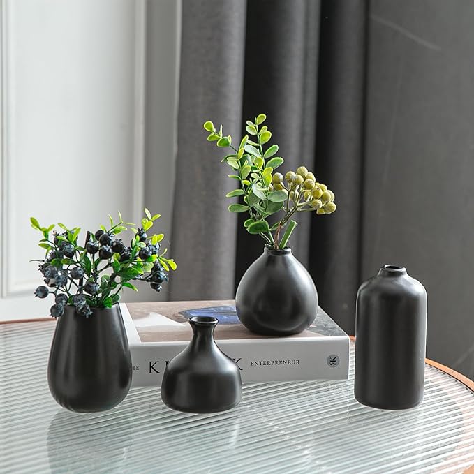 JOJUNO Black Bud Vases, Small Ceramic Vase Set of 11, Mini Pottery Vases for Flowers, Decorative Pieces for Home Modern Decor, Boho Decor, Chic Accents for Living Room Dining Table Shelves