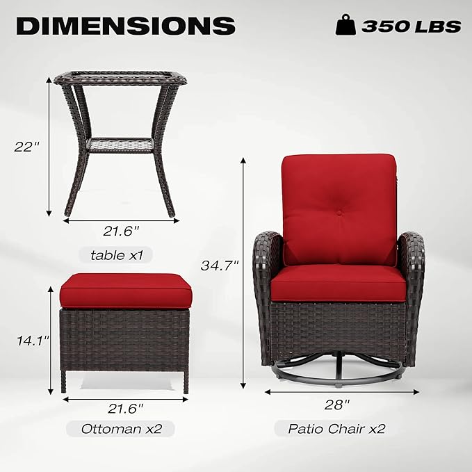 Joyside 5 Piece Patio Furniture Set, Outdoor Swivel Chair Sets with Thick Cushion and Ottoman, Wicker Patio Conversation Set for Porch, Deck Use (Brown/Red, 5 PCS)