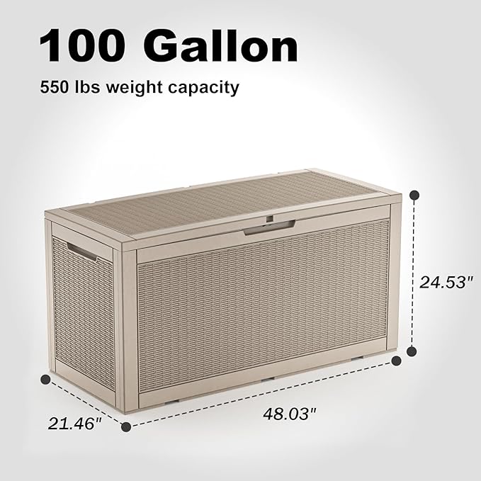 102 Gallon Outdoor Storage Box Waterproof, UV Resistant Resin Deck Box with Hydraulic Rod, Lockable Design and Enhanced Durability for Patio, Garden, and Poolside Use