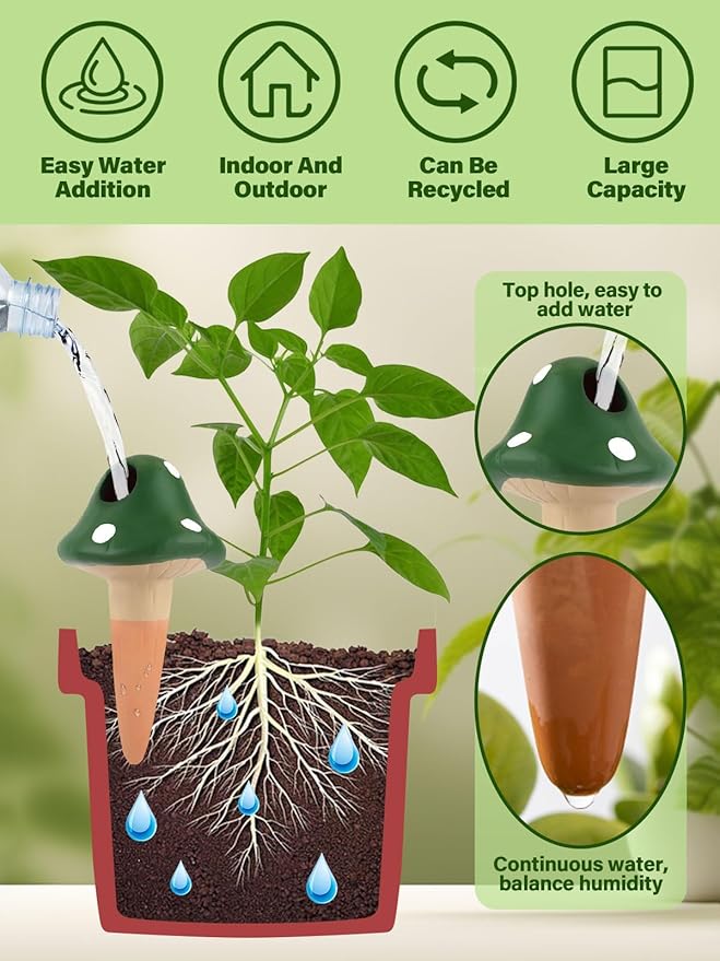 Kalolary 4Pcs Plant Watering Globes, Self Watering Spikes Terracotta Drip Water Stakes Irrigation Watering Bulbs for Pot, Indoor, Outdoor, Vacation (Mushroom)