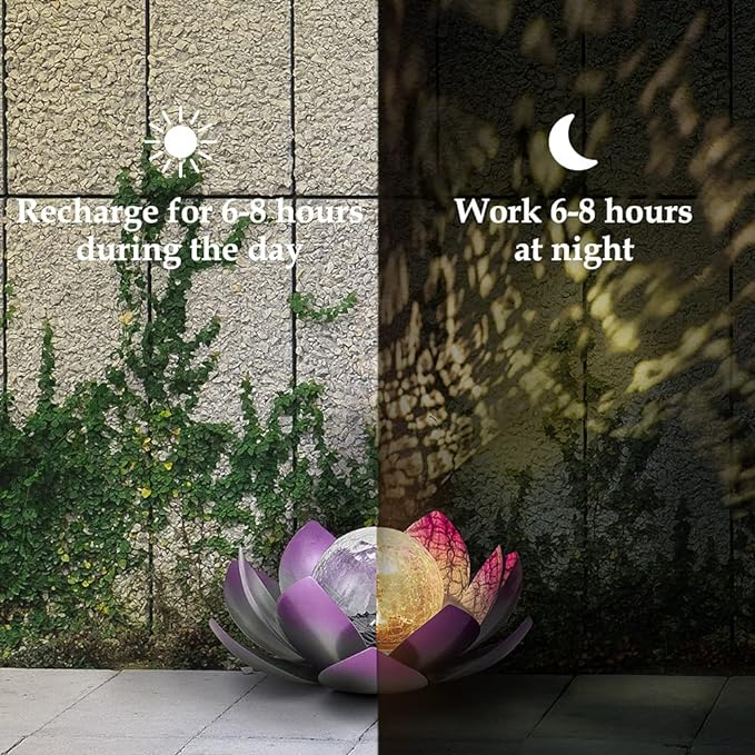 Huaxu Solar Lights Outdoor Decor Purple Lotus Waterproof LED Crackle Globe Glass Metal Flower Decorations for Garden Patio Yard Porch Pathway Ground Tabletop