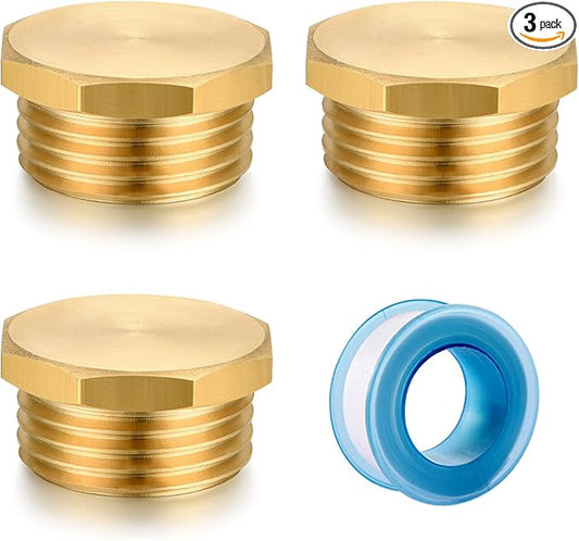 3/4" GHT Male Brass Pipe Plug Outer Garden Hose Male Threaded End Cap Plug Garden Irrigation Pipe Fittings Water Tubing Stopper （3 PCS）