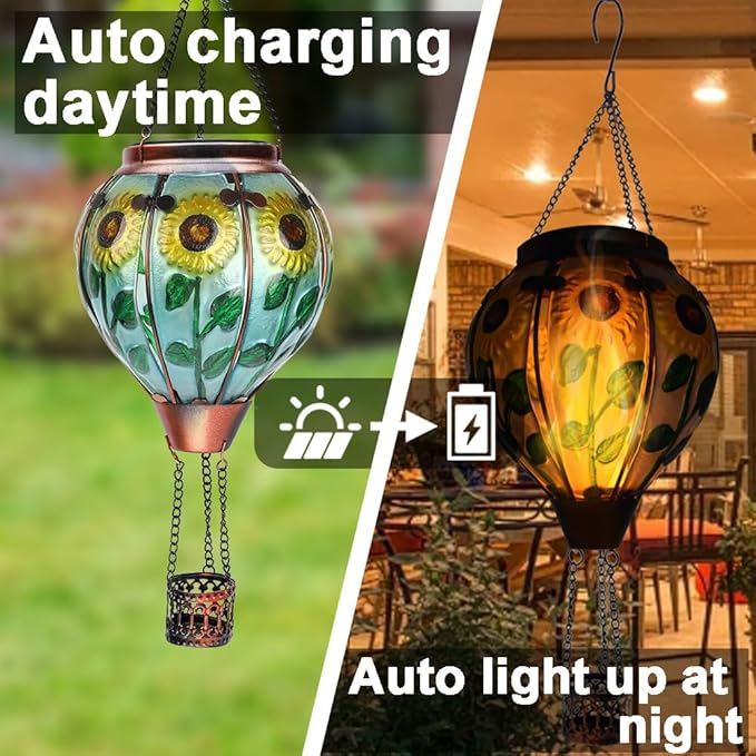 2PC Hot Air Balloon Solar Lantern with 2PC Shepherd Hook, Flickering Flame Hanging Solar Lanterns Outdoor Lights Waterproof Lanterns Decorative Garden Patio Yard Party Decor (Sunflower)