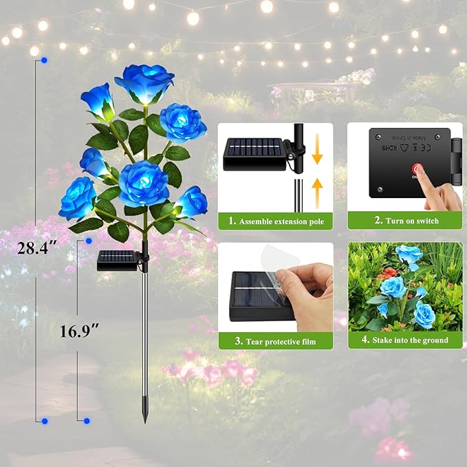 1 Pack Solar Garden Lights Outdoor, 7-Flower Rose Solar Lights for Yard, LED Solar Powered Stake Lights for Patio Pathway Lawn Fence Cemetery, Blue