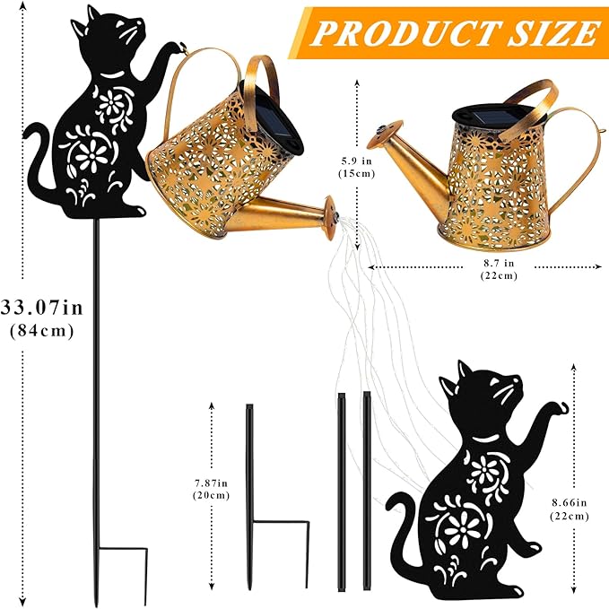 Solar Lights Outdoor Decorative, Watering Can with Cascading Lights, with Cat Silhouette Garden Stakes, Waterproof Metal Garden Decor for Yard Art, Outside, Patio, Lawn Ornaments