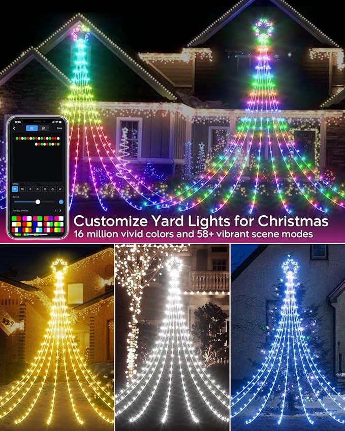 16.5FT Outdoor Christmas Decorations Tree Lights for Yard, Dynamic Star String Lights Waterfall App Control Color Changing Music Timer, Christams Lights Plug in 245 LEDs for Outside Xmas Home Decor