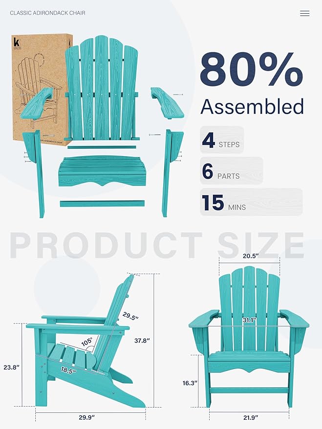 KINGYES HDPE Adirondack Chair, Classic for Patio Garden, Fire Pit, Backyard & Lawn Furniture, Easy Maintenance All Weather Adult Size Adirondack Chair, Crystal Blue