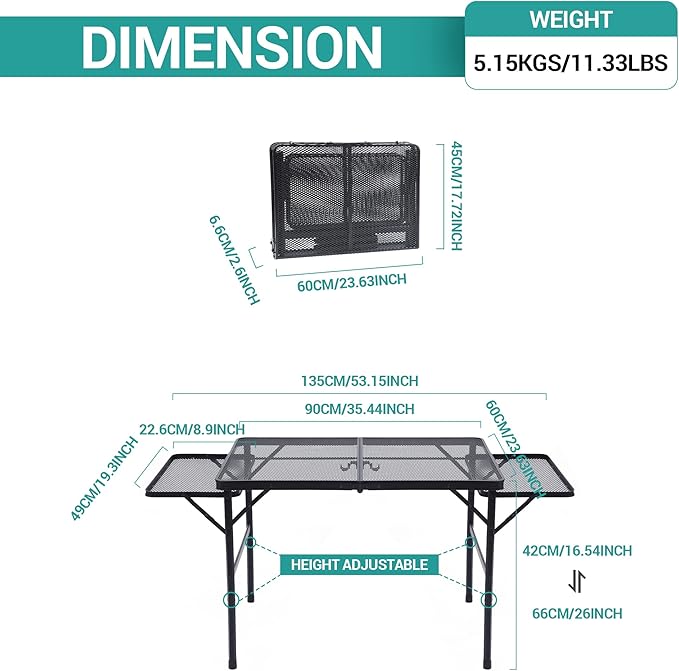 Nice C Folding Grill Table, Camping Table, Tailgate Tables, Grill Tables, Outdoor, Metal Folding Adjustable Height&Width, Mesh Net, Carry Handle