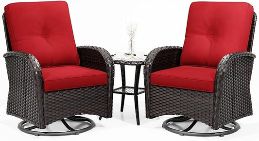 Joyside Outdoor Swivel Rocker Chairs, 3 Piece Wicker Patio Set with Thick Cushion and Side Table, Rattan Patio Swivel Rocking Chairs for Porch, Deck Use (Brown/Red, 3 PCS)