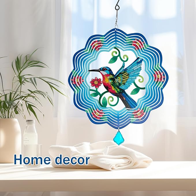 Hummingbird Metal Wind Spinners - 12 Inch Hanging Metal Wind Spinner for Outdoor & Indoor Decor, Hummingbird Kinetic Sculpture for Christmas Ornament Gifts, Yard Art and Garden Decorations