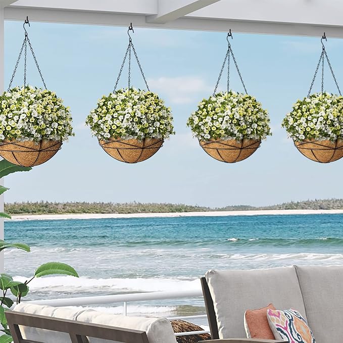 2 Pack 14 Inch Hanging Flower Baskets for Outdoor Plants Large Metal Wire Planters with Coco Liner Pot for Home Planting Round Watering Plant Holders for Outside Garden