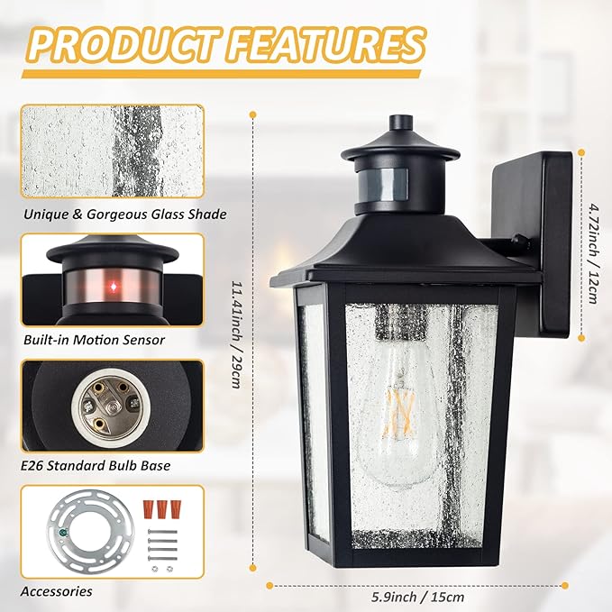 2 Packs Motion Sensor Outdoor Wall Lights - Black Dusk to Dawn Outdoor Lighting, LED Waterproof Exterior Garage Light Fixture, Modern Porch Light Outside Wall Mount for Front Door, House, Anti-Rust