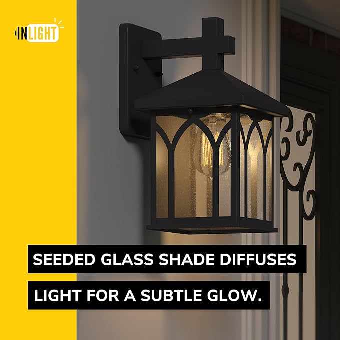 Inlight 11 4/5" High Black Finish and Seeded Glass Outdoor Wall Lantern (Set of 2), Bulb Not Included, IN-0603-1-BK