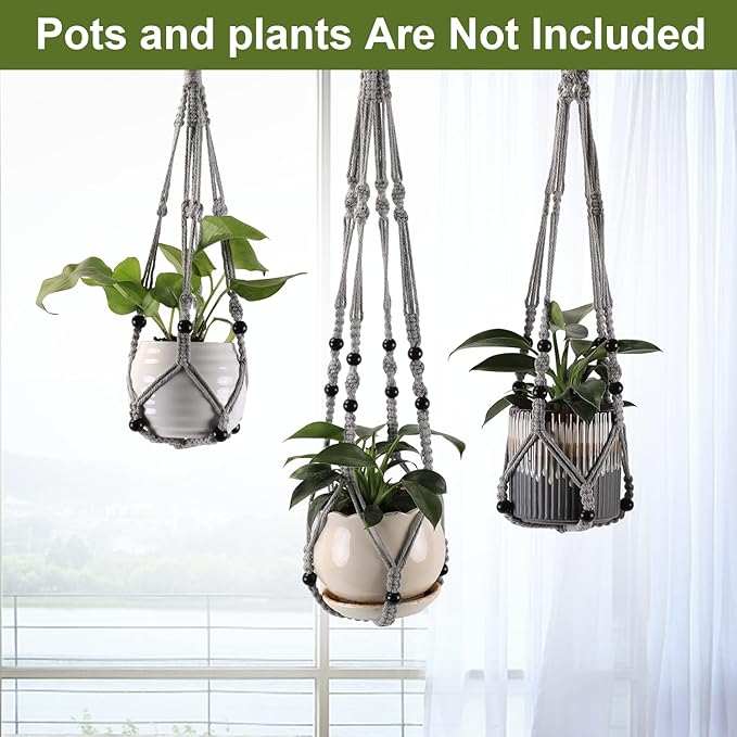 3-Pack Macrame Plant Hanger Indoor - Hanging Planter Basket for Indoor Outdoor - Decorative Boho Plant Holders Set with Beads - Ceiling Flower Pot Holder with 6 Hooks - 35"/30"/24" Gray
