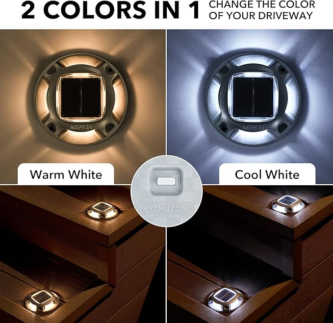 AGPTEK Solar Driveway Lights Outdoor 16 Pack, 2 Color Modes LED Deck Dock Marine Waterproof Driveway Marker Lights for Step Sidewalk Stair Garden Pathway Walkway Yard (Warm White/Cool White)