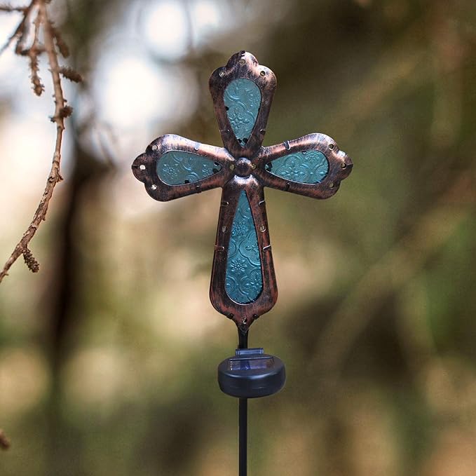 KAIXOXIN Solar Power Cross Stake Warm White Color Florals Solar Lights Garden Decor Memorial Gift Cemetery Decoration LED Outdoor Landscape Light