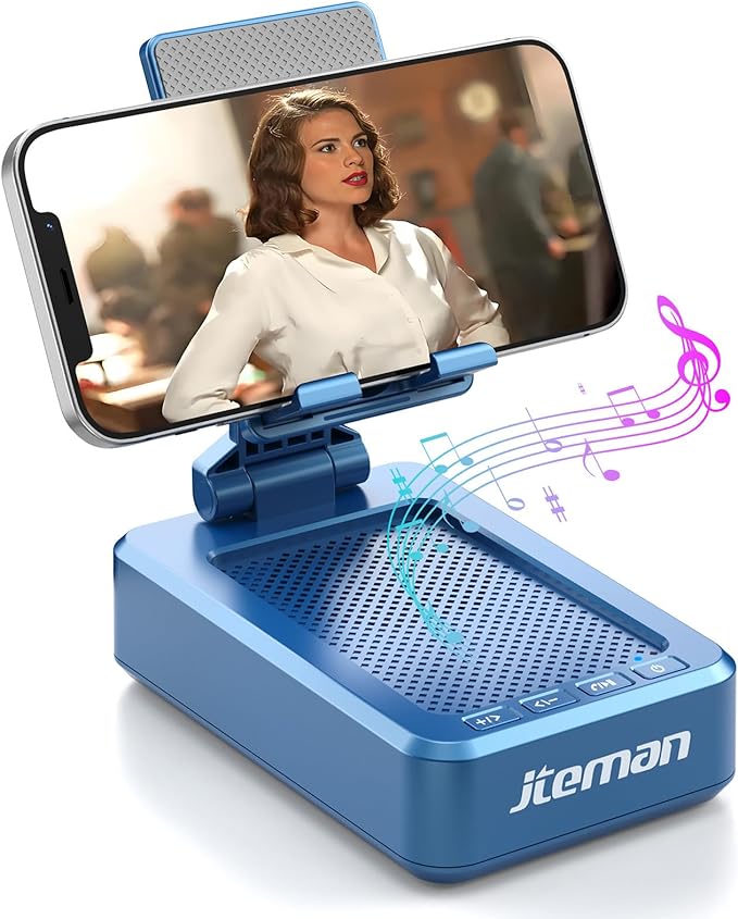 JTEMAN Phone Stand with Wireless Bluetooth Speaker, HD Surround Sound Bluetooth Speaker for Desk Perfect for Home Kitchen Gadgets Gifts,Compatible with iPhone/ipad/Samsung Galaxy(Blue)