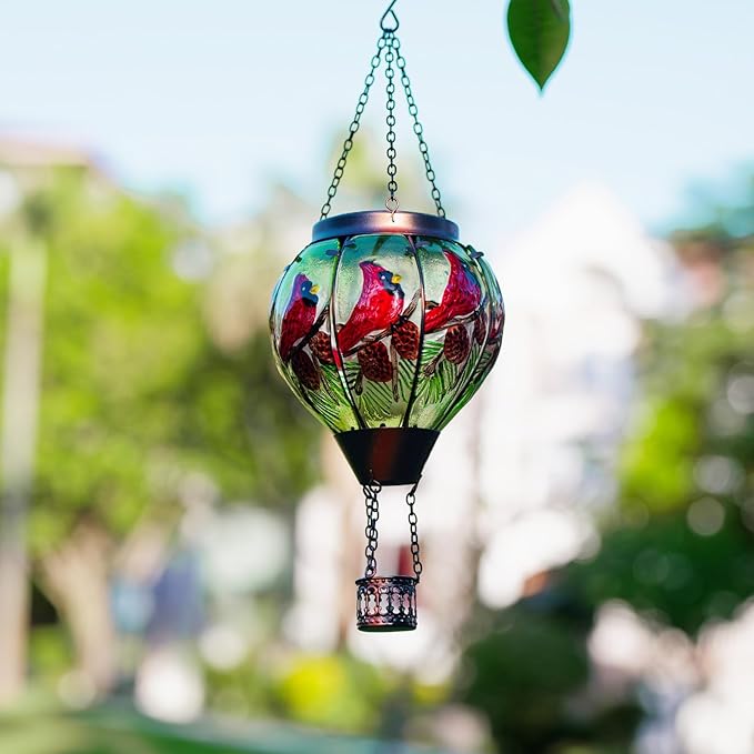 2 PCS Cardinal Solar Hot Air Balloon Lantern with Flame, Glass Balloon Lantern Outdoor Waterproof, Hanging Hot Air Balloon Solar Light, Cardinal Gifts for Mom Woman