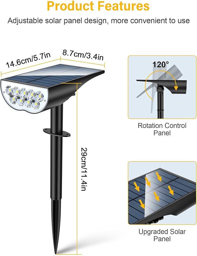 BAXIA TECHNOLOGY Solar Spot Lights Outdoor IP65 Waterproof, 3 Lighting Modes Landscape Lighting for Outside, Dusk to Dawn Solar Pathway Lights for Yard Garden Driveway, Warm White, 1 Pack